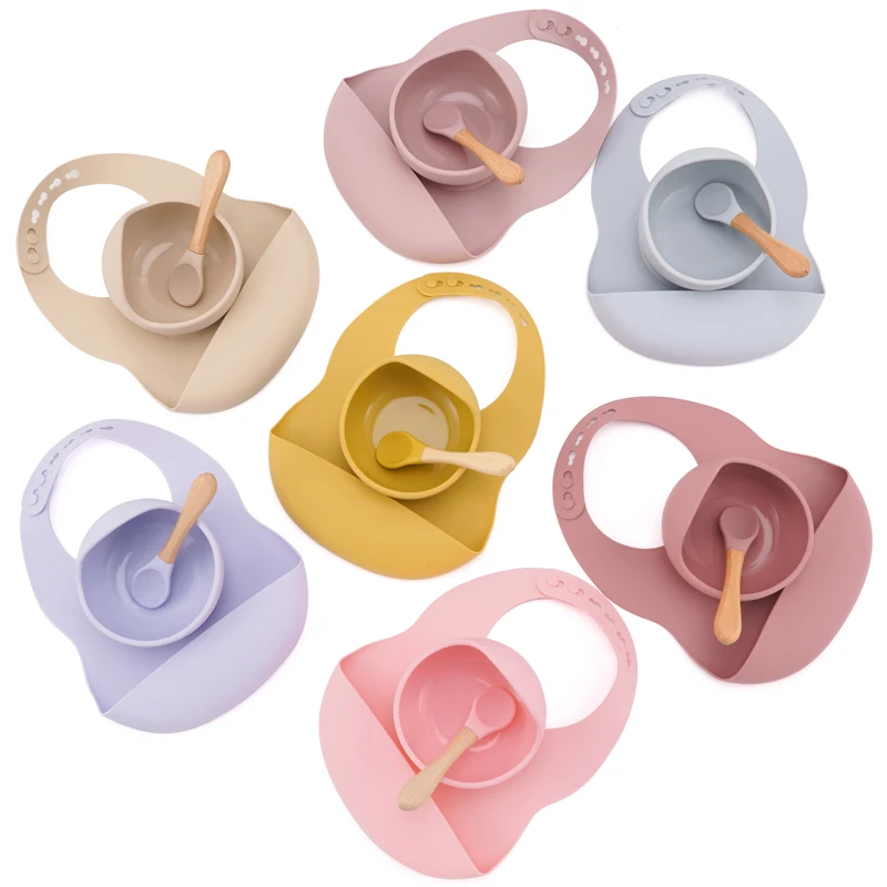 Children's Tableware Soild Food Training Waterproof Baby Bibs Infant Sucker Feeding Bowl And Wooden Handle Spoon Set Baby Stuff