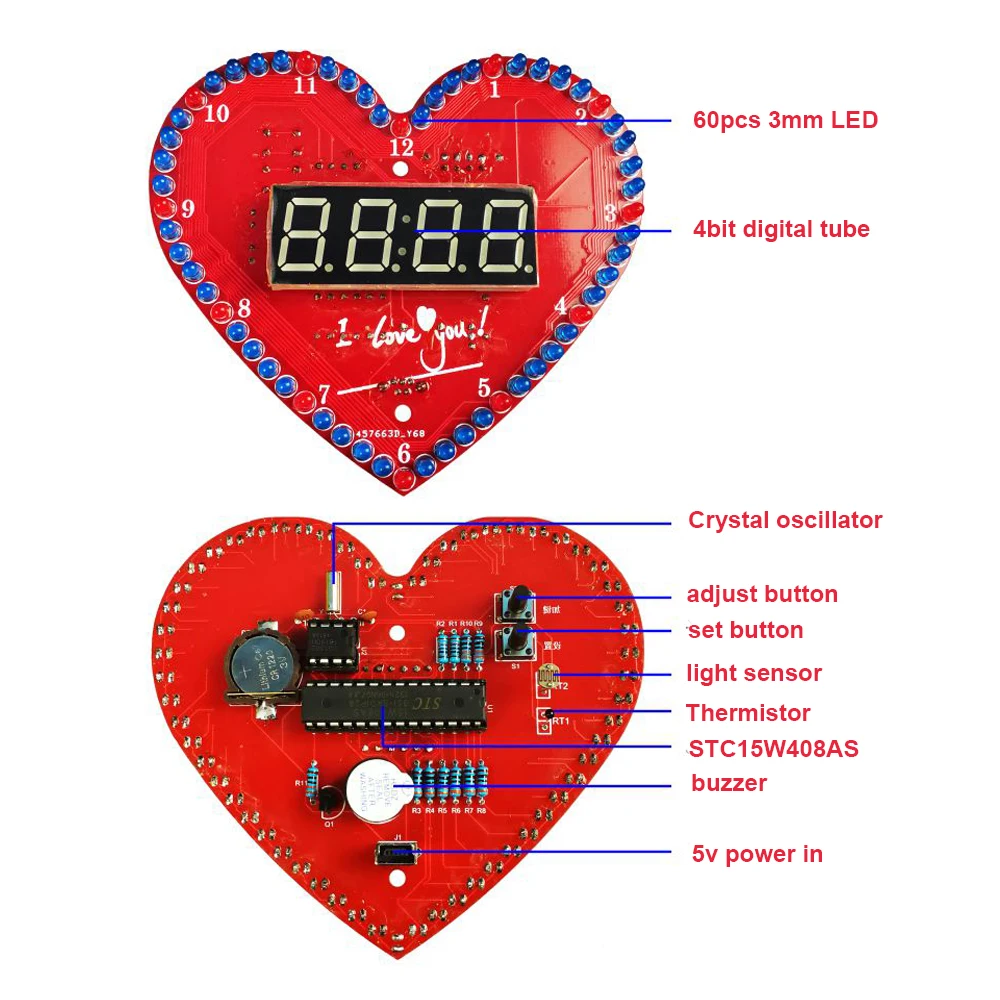 diy Electronic clock heart-shaped flash led love creative DIY sodering kit creative gifts time/temperature display for beginner