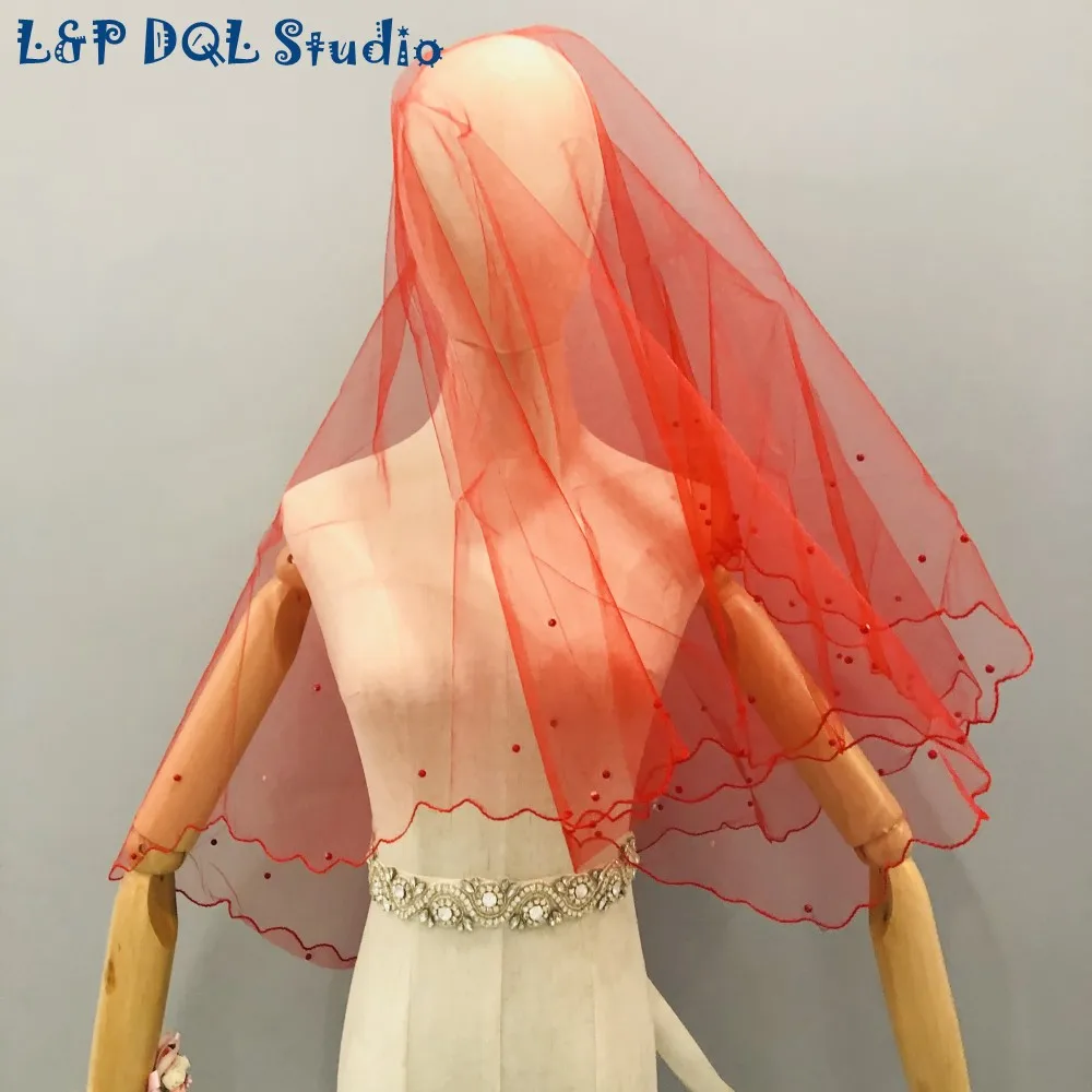 L&P DQL Studio Real Pictures Red Wedding Veils Short Bridal Veils Free Shipping