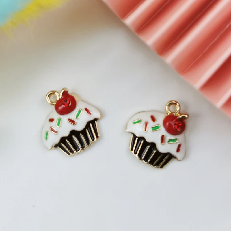 ApeUr 10pcs/pack Sweet Fruit Cupcake Enamel Charms 19*18mm Rhinestone Cherry Cake Bracelets Floating Pendants Fit Jewelry Making