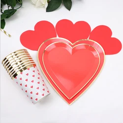65pcs/lot Red Heart-shaped Disposable Tableware Paper Plates Cups Wedding Decoration Birthday Valentine's Day Baby Shower Party