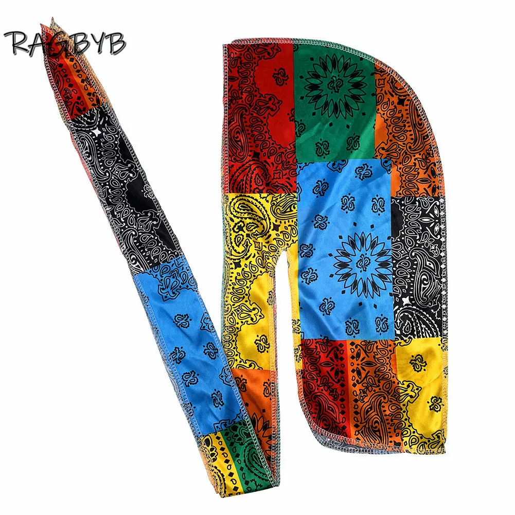 Fashion Men Silk Durag Paisley Printing Silky Durags Bandanas for Men Long Straps Headwear Head Scarf Wave Cap Headwrap Durags