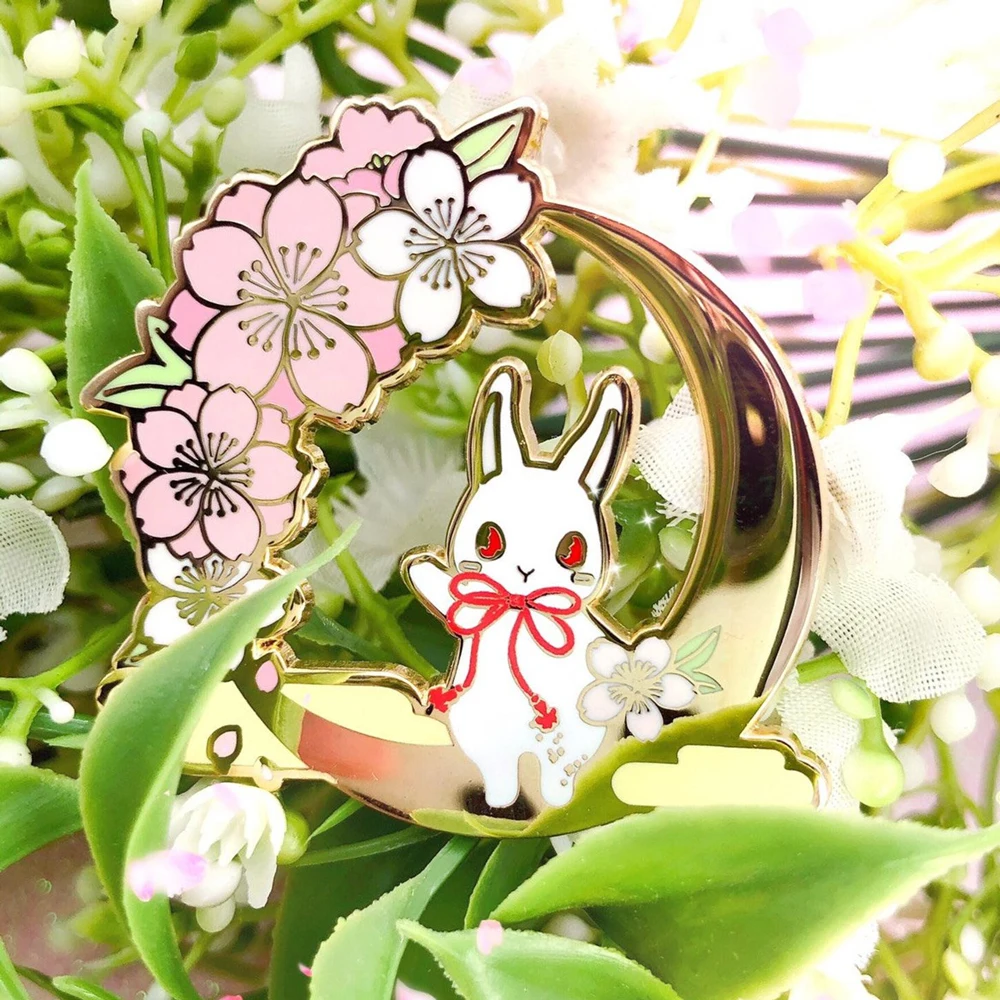 Beautiful Cute Eclipses Blossom Bunny Hard Enamel Pin Fashion Cartoon Animals Pastel Cherry Blossoms Brooch Medal Jewelry Gift