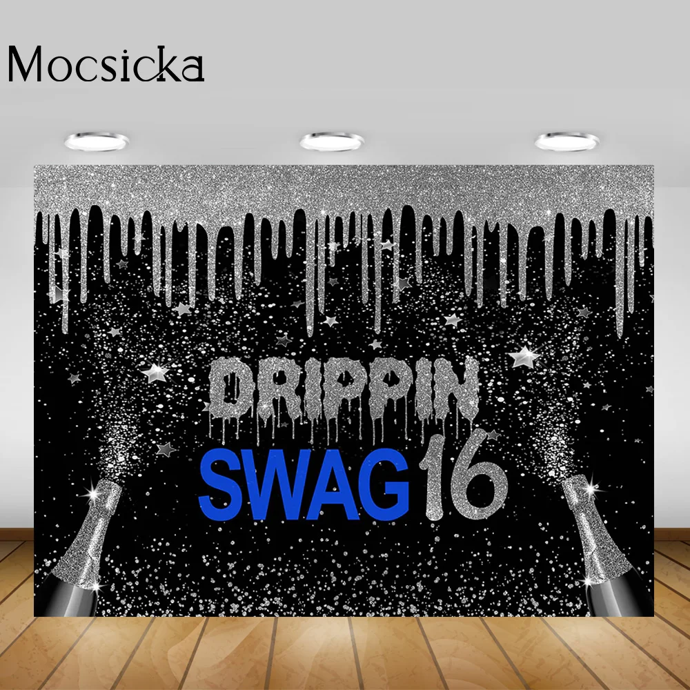 Drippin Swag 16 Birthday Background Sliver Splash Black Children Sixteen Happy Birthday Photo Backdrop Stars Champagne Supplies