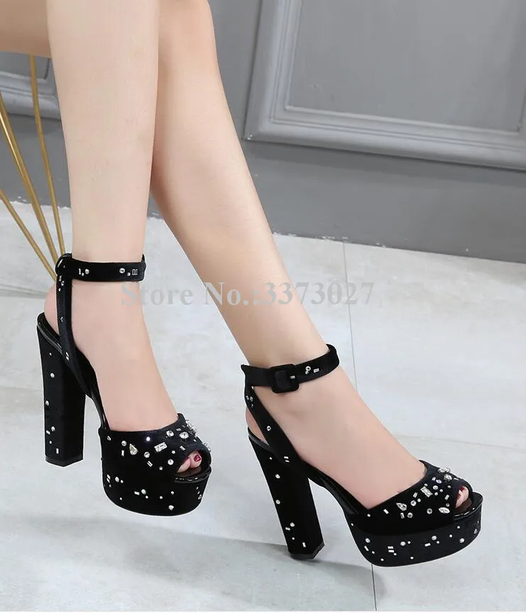 New Crystal Chunky Heel Platform Sandals Women Sexy Peep Toe Wine Red Rhinestone Wedding Shoes Lady Popular Banquet Shoes