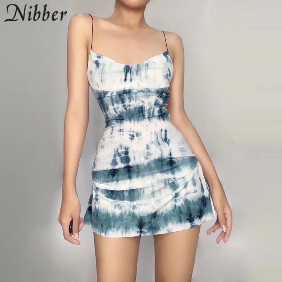 Nibber Summer Suspender Dress Sleeveless Low-cut Waist Design Tie-dye Print Fold Decoration For Women Go Out On Holiday 2021