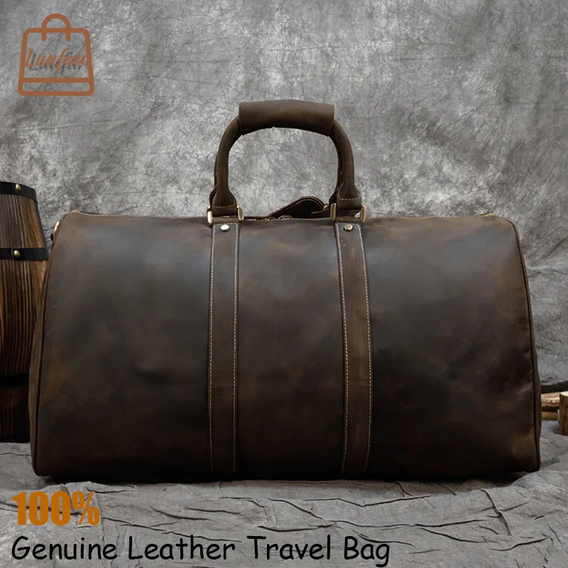 Men Big Travel Duffle Cow Leather 60cm Gym Tote Real Leather Shoulder Weekender Luggage Bag Dark Brown Travel Bag