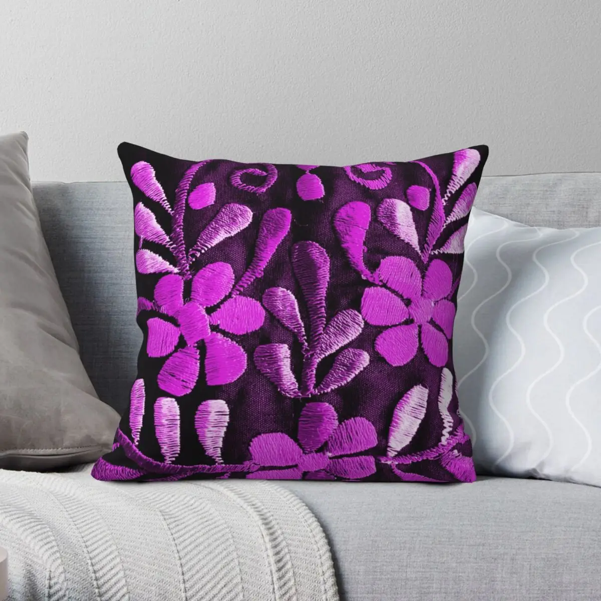 Mexican Violet Embroidery Square Pillowcase Polyester Linen Velvet Creative Zip Decor Home Cushion Cover