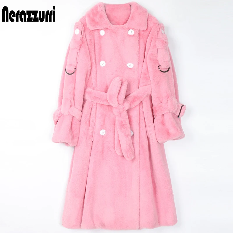 Nerazzurri Long Warm Thick Soft Fluffy Faux Fur Trench Coat for Women 2022 Double Breasted Pink White Green Winter Fashion Belt