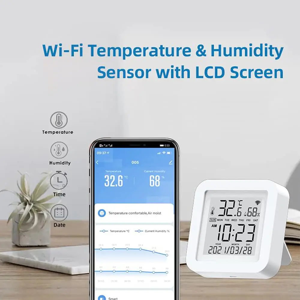 Alexa-コネクテッドホーム用の温度計,Tuya,湿度センサー付き,LCDディスプレイ付き,コネクテッドハウス用,リモコン