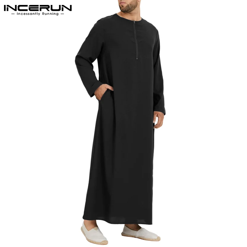 Incerun masculino muçulmano árabe kaftan islâmico manga longa abaya robes cor sólida arábia saudita vestido jubba thobe roupas masculinas S-5XL