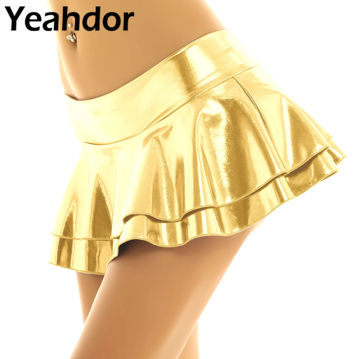 

Women Fashion Shiny Metallic Mini Clubwear Skirts Low Rise Double Layered Ruffled Mirco Skirt for Dance Raves Festivals Costume