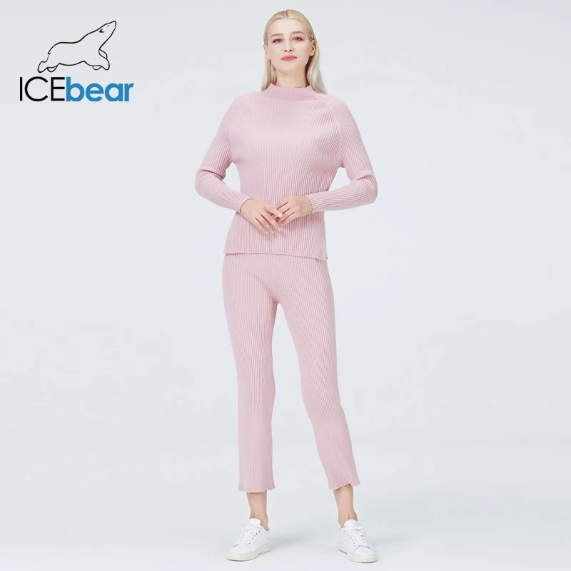 icebear 2022 fall female knitted tracksuit o-neck sweater casual suit winter knit pants sporting suit femme clothing NB-2322