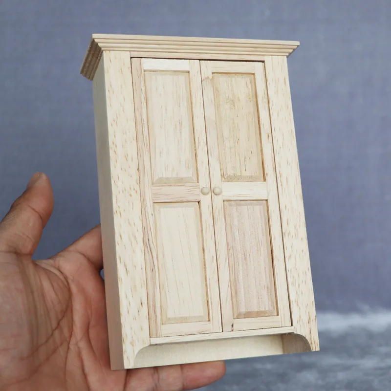 

1/12 Doll House Rural Wooden Miniature Double Open Unpainted Wardrobe Room Handmade Furniture Closet Dolls House Decorative Toys