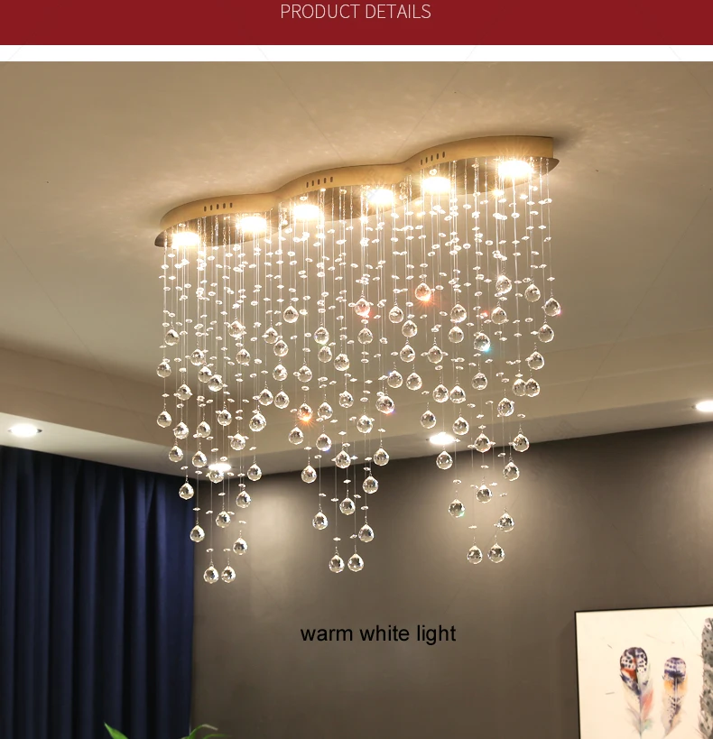 American Rectangle Cyrstal Chandeliers Lights Fixture LED Dimmable 3 White Light Crystal Balls Curtains Chandelier L100cm 120cm