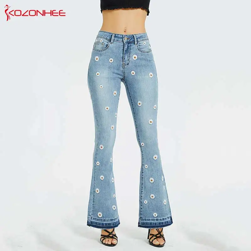 Embroidery Low Waist Elastic Flare Jeans Women Retro Style Bell Bottom Skinny Jeans Female  Blue Wide Leg Denim Pants Plus Size