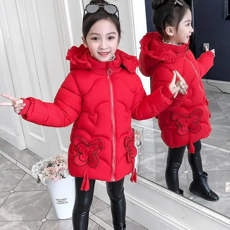 Thick Keep Warm Winter Jacket For Girls Butterfly Hooded Kids Outerwear Teenager Long Windbreaker Coat 4-12 Years old