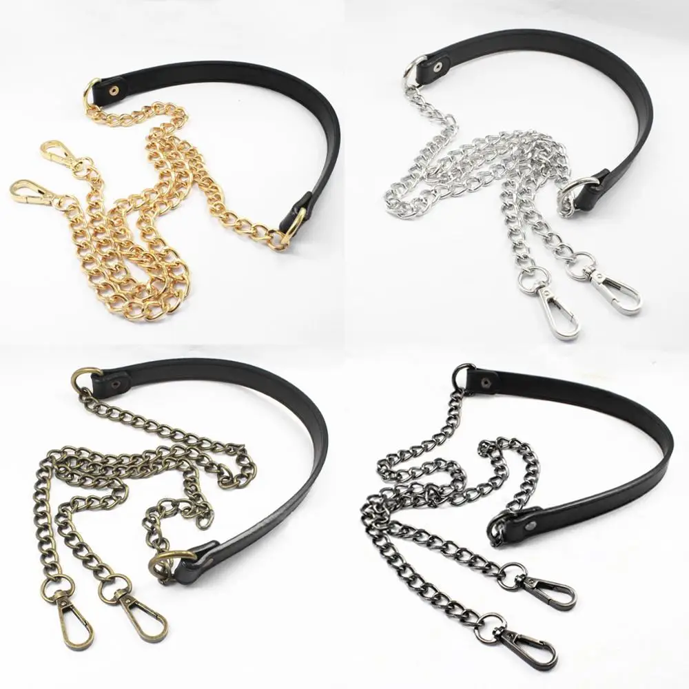 60cm-160cm Replacement Detachable Shoulder Bag Strap Black PU Leather Handle with Gold, Silver, Gun Black, Bronze Metal Chains