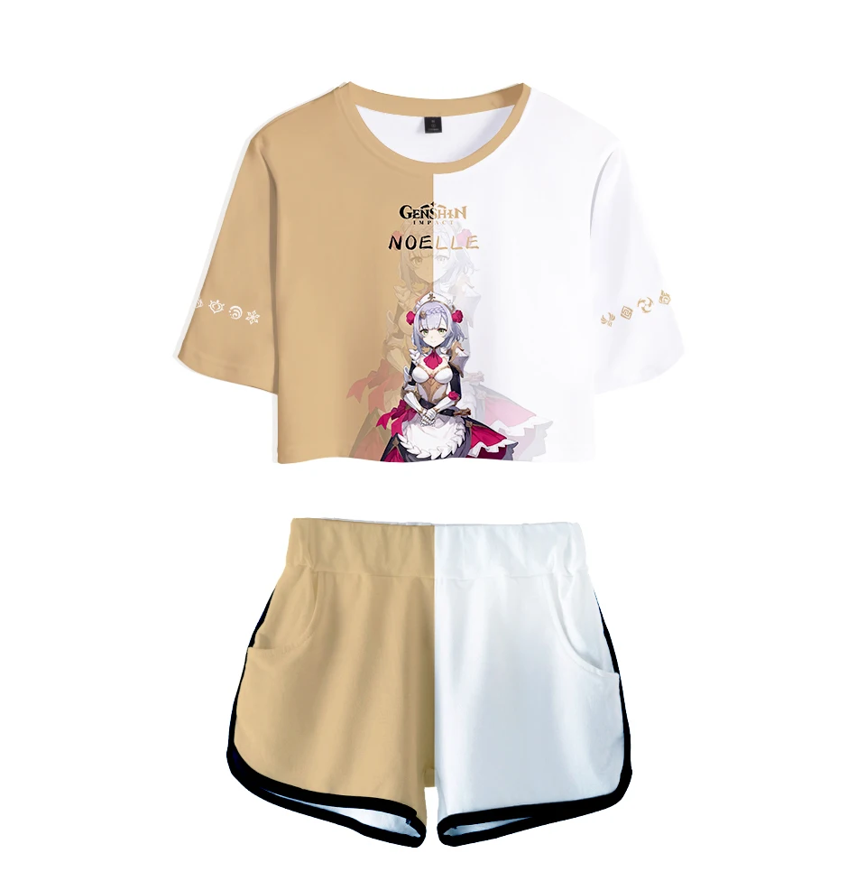 

New Listing 3D Genshin Impact Women Two Piece Sets Fashion Shorts+Crop Tops T-shirt Summer Hip Hop Girls Cartoon Game Suits