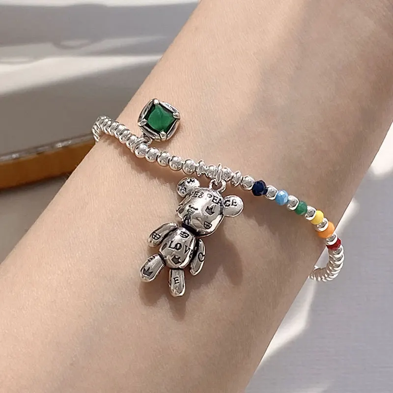 Sweet Little Bear Animal Colorful Rainbow Bead Chain Thai Silver Ladies Jewelry Set Necklace Bracelet Birthday Gifts