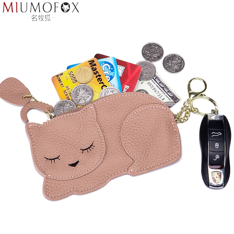 Genuine Leather Coin Purses Women Cartoon Cute Cat Zipper Key Holder Thin Purse Fashion Girls Coin Wallet Kids Change Pouch Bag