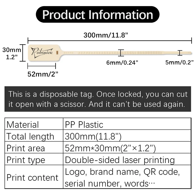 100 pz marchio personalizzato Logo Tag Zip cravatte Off appendere etichette sigilli di sicurezza in plastica bianca abbigliamento abbigliamento