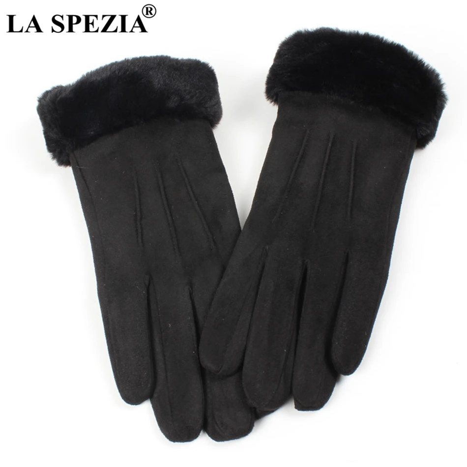 LA SPEZIA Winter Gloves Women Pink Gloves Suede Leather Warm Gloves With Fur Ladies Biker Driving Touch Screen Mittens Gray 2024