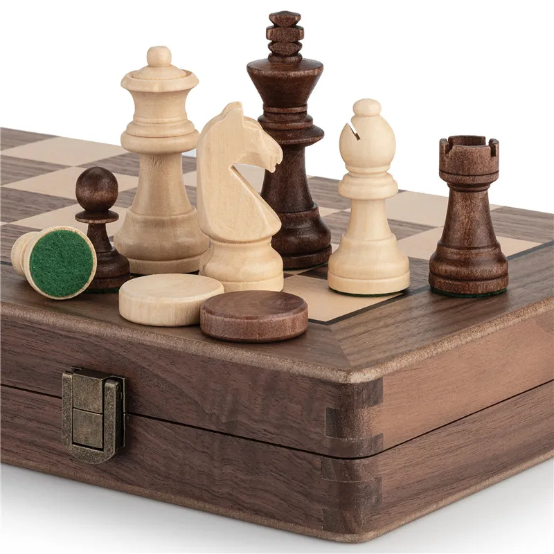 Wooden International Chess and Checkers Set Chess Game German Knight Staunton Chessmen Foldable Wooden Chessboard Gift Toy I164