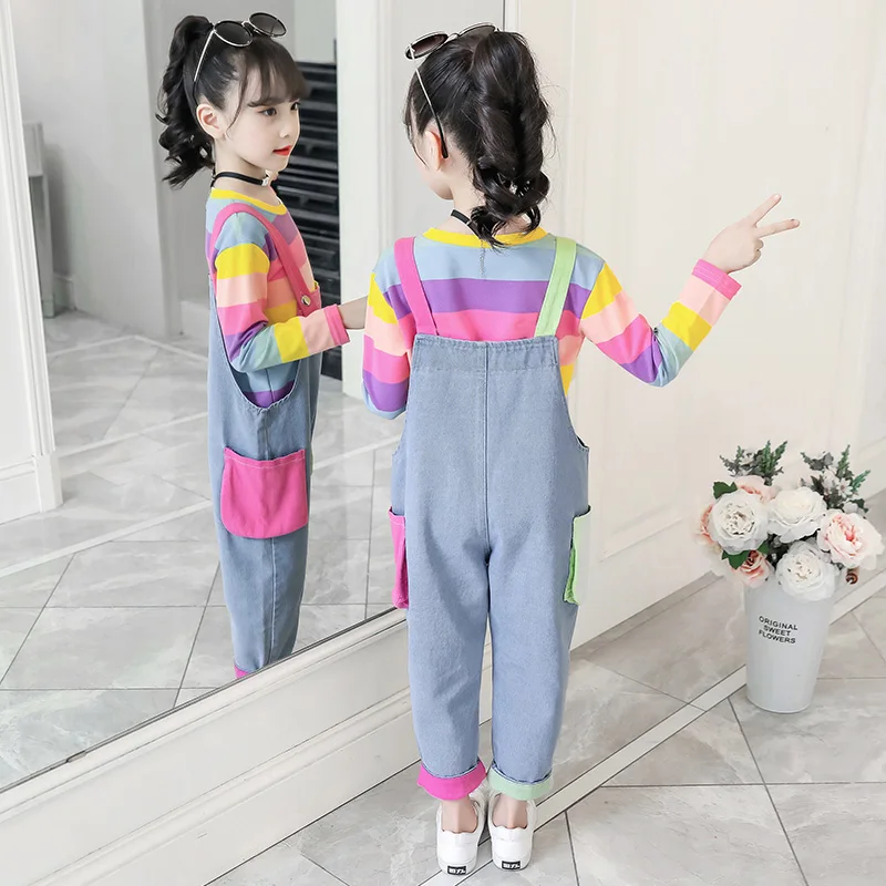 Cute Girls Clothes Colorful Tops Long Sleeve Rainbow Sweatshirt Jeans Pocket Denim Jumpsuit 4 5 6 7 9 11 12 Years Girl 2pcs Sets