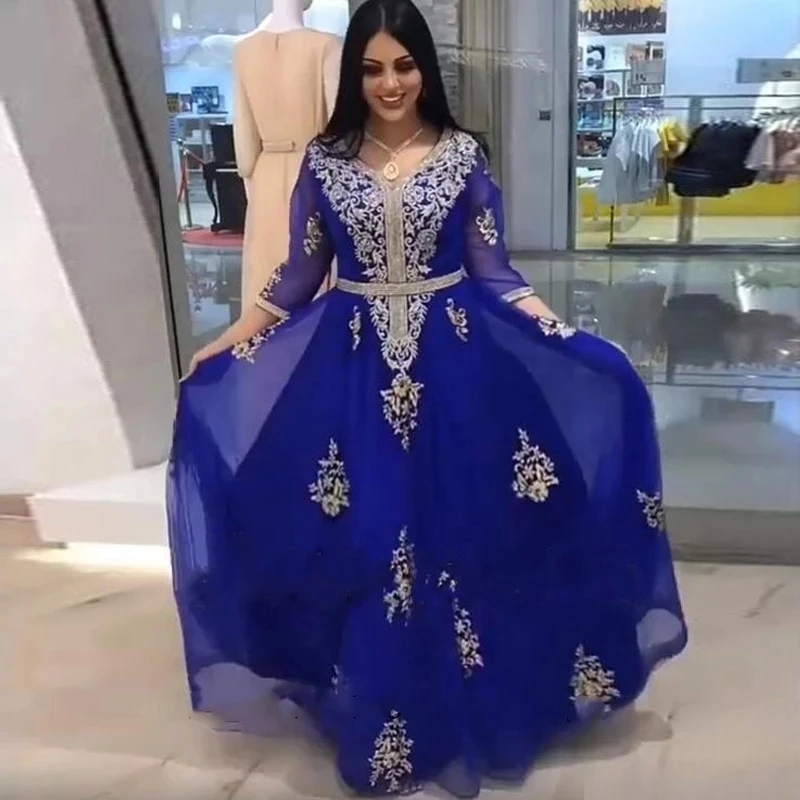 

Royal Blue Moroccan Kaftan Caftan Muslim Evening Dresses A-line Chiffon Appliques Dubai Arabic Abaya Islamic Gown Customized