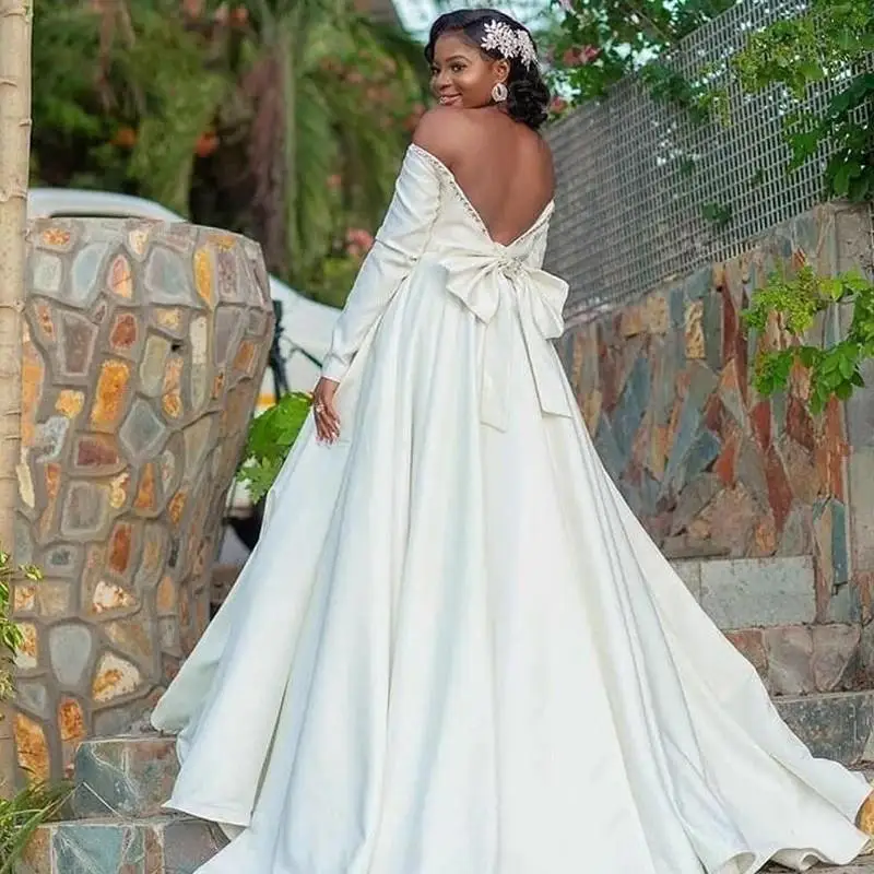 Custom African A-Line  Wedding Dresses Off Shoulder Bateau Neck  Satin Backless Arabic Country Sweep Train  Bridal Gowns