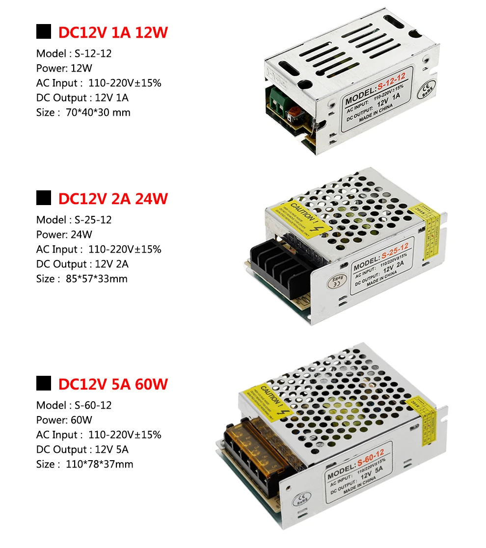 Power Supply DC12V 1A 2A 5A 8.3A 10A 15A 16.7A 20A 25A 30A 33A 40A 50A lighting Transformers LED Driver For LED Strip Switch