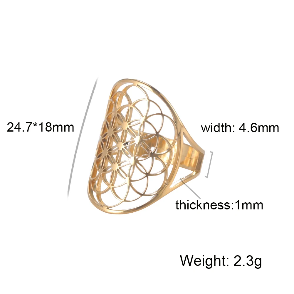 Skyrim Simple Hollow Flower of Life Ring Adjustable Gold Color Stainless Steel Finger Rings for Women Jewelry Gifts Wholesale