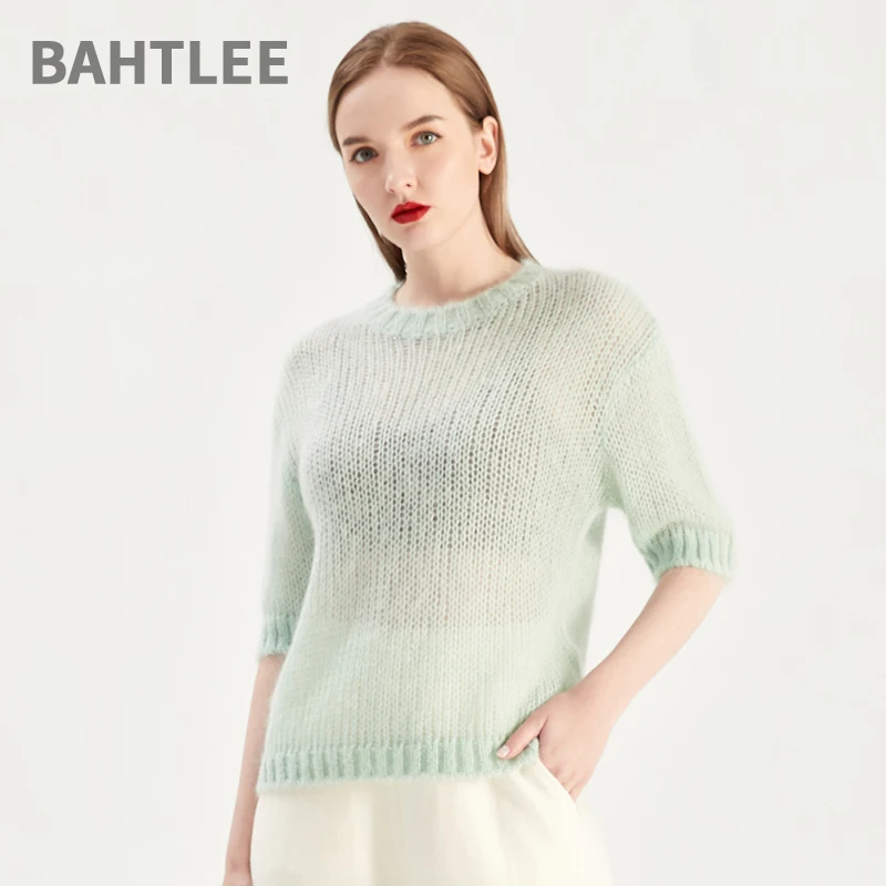 BAHTLEE-Women\'s Half Sleeves Mohair Knitted Pullover, O-Neck Sweater, Soft Loose Style, Wool Jumper, Spring, Summer