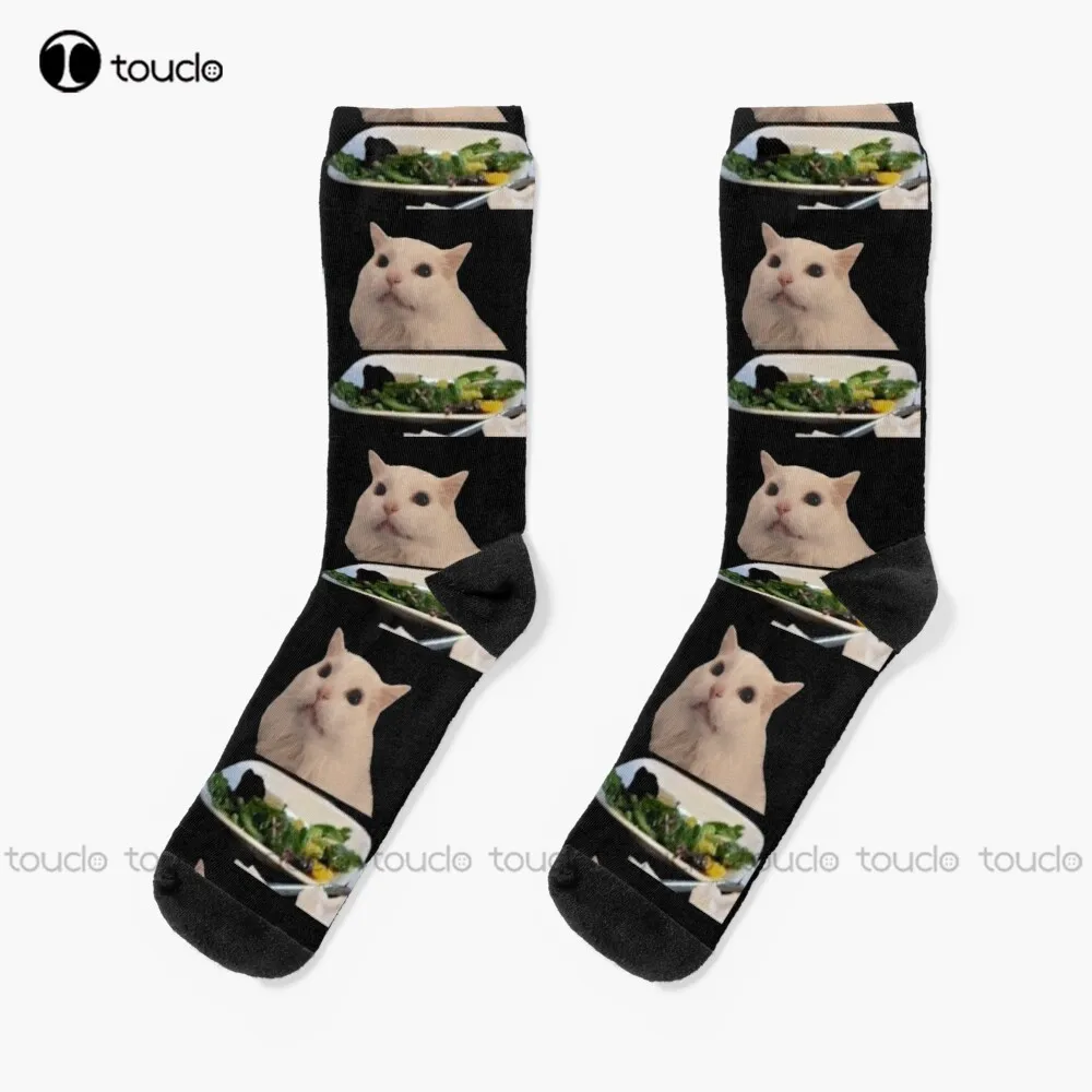 

Cat Sitting At Table Meme Socks Black Long Socks Personalized Custom Unisex Adult Teen Youth Socks 360° Digital Print Funny Sock