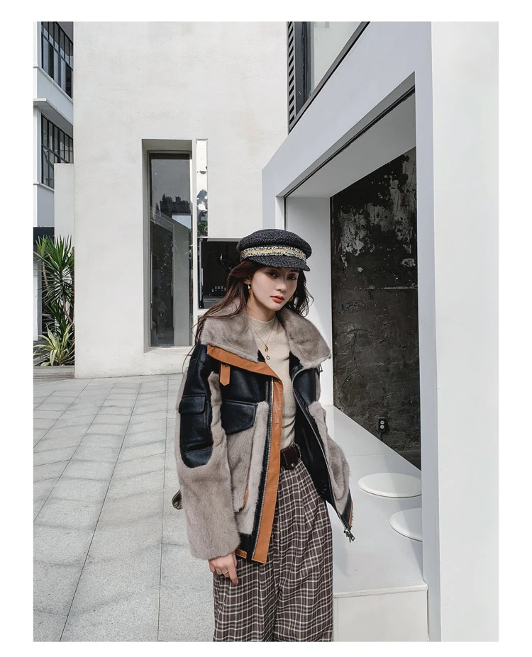 MENINA BONITA Genuine Leather Winter Jacket Women Fashion Coat Natural Real Mink Fur Thick Warm Outerwear Streetwear Locomotive