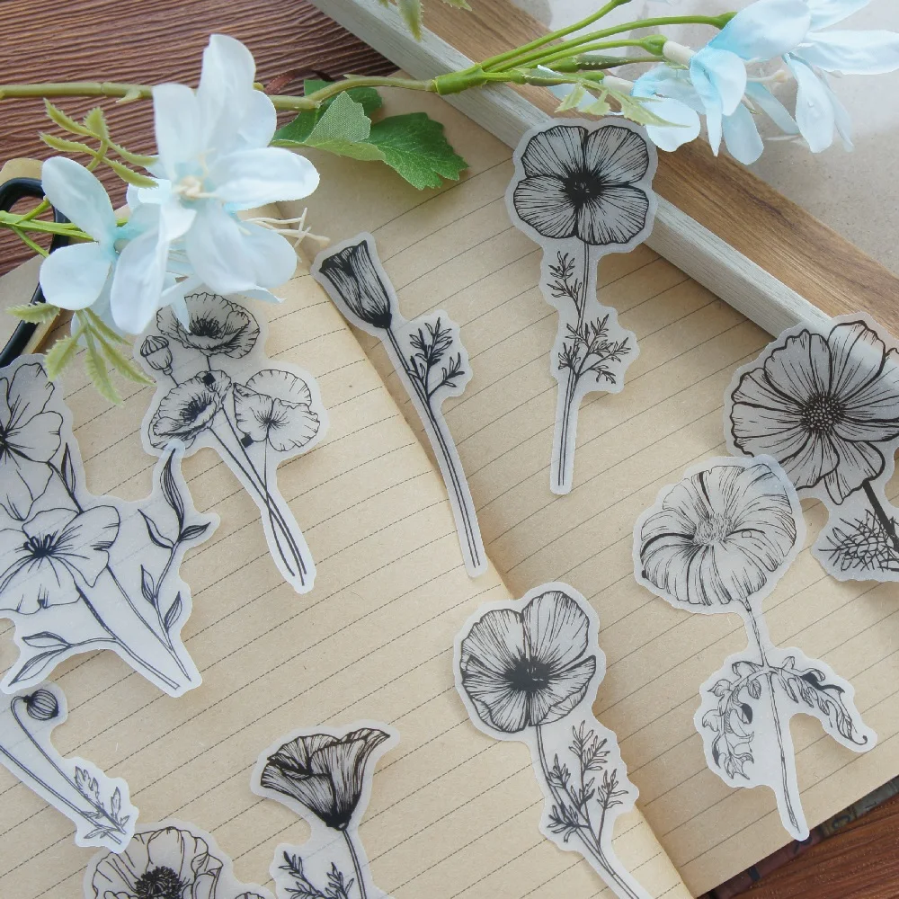 Big 20pcs Black White Line Manuscript  Iceland Poppy Flower Paper Sticker Scrapbooking DIY Gift Packing Label Gift Decor Tag