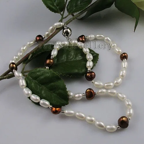 

New Style Terisa Pearl Jewelry Unique White Brown Rice Real Freshwater Pearl Genuine Necklace Magnet Clasp Nice Women Gift