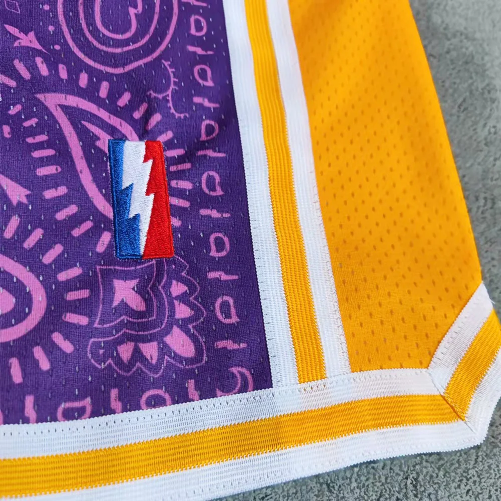 MM MASMIG Los Angeles w stylu fioletowym z wzorem Paisley szorty do koszykówki ze spodniami na zamek błyskawiczny z kieszeniami Bryant LeBron