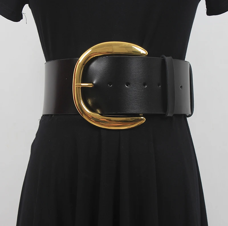 

Women's Runway Fashion Black Genuine Leather Cummerbunds Female Dress Corsets Waistband Belts Decoration Wide Belt R2770