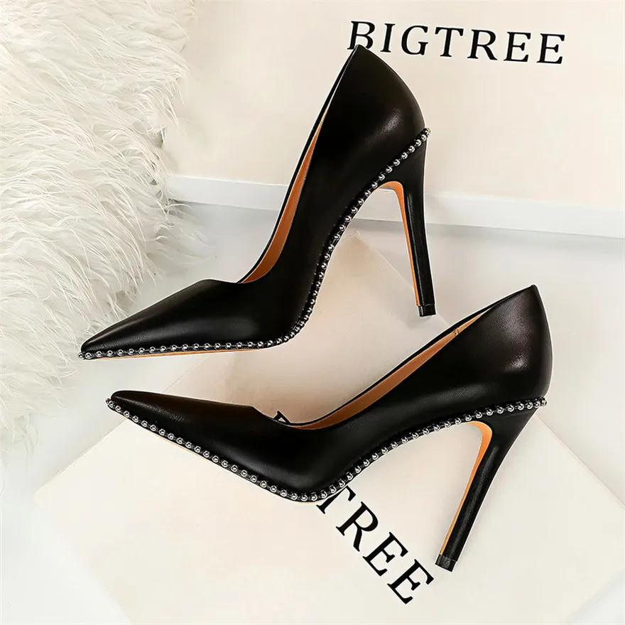 BIGTREE Sexy Rivets String Bead Women\'s Shoes Party Soft Leather Pointed Toe High Heels Pumps Spring Shallow Office Shoes Women