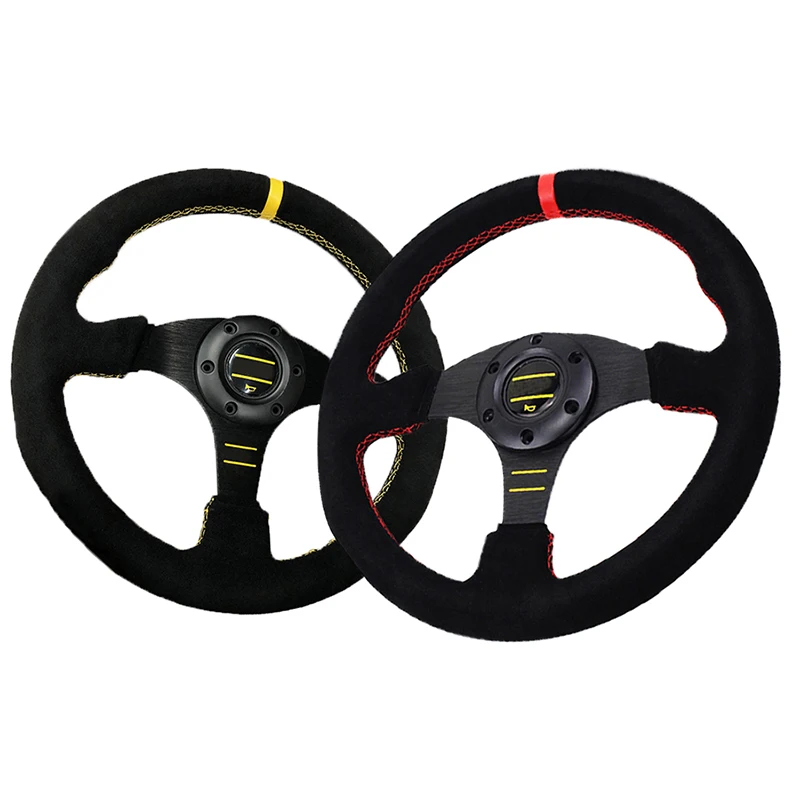 13\'\' Volante Car Sport Steering Wheel 330mm Flat Genuine Leather Game Steering Wheel For PC Red/Yellow Stitching