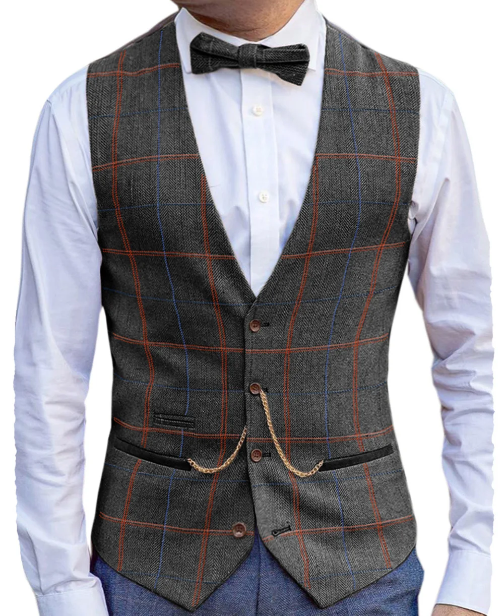 Men's Vest Herringbone Wool/Tweed Waistcoat Suits Plaid Vest Casual Single Breasted V-neck XS-5XL Male Suit Vest For Wedding