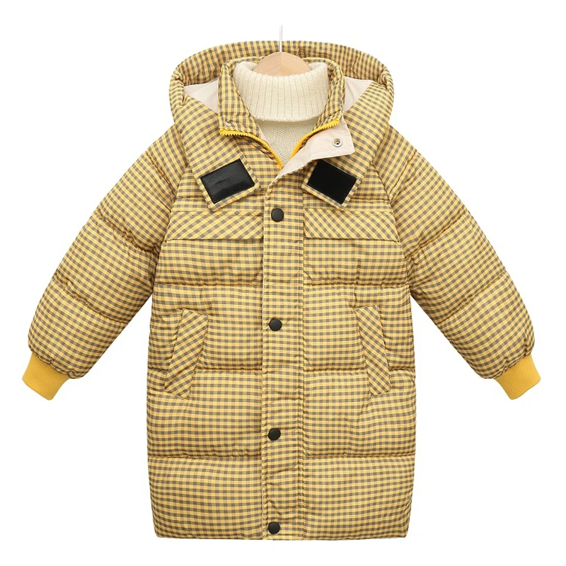 

2024 new children's Plaid medium length cotton clothes boys and girls solid color hooded down jacket baby warm coat