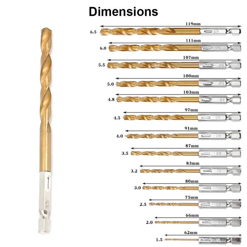 Twist Drill Bit 13pcs/lot 1/4 Hex Shank 1.5-6.5mm HSS High Speed Steel Titanium Coated Drill Bit
