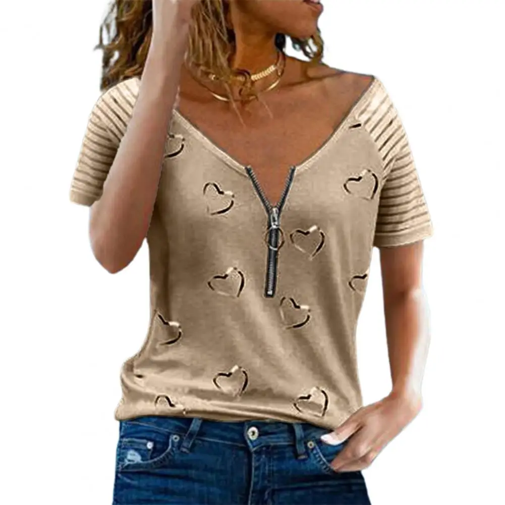 T-shirt da donna estiva calda T-shirt a maniche corte con cerniera scollo a V a righe con stampa a cuore T-shirt da lavoro