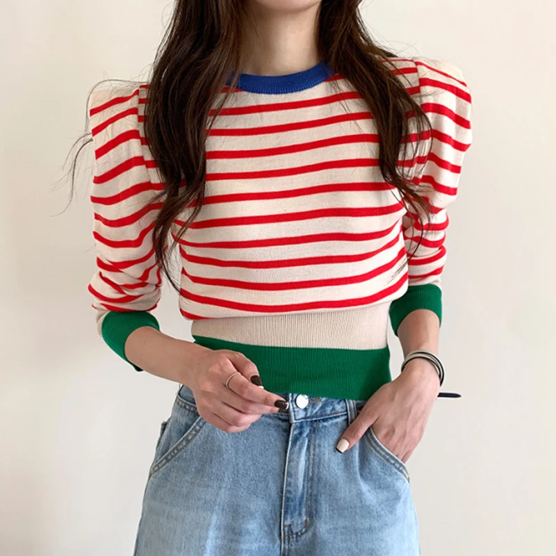 OCEANLOVE 2021 Musim Gugur Tarik Femme Bergaris Cantik Puff Lengan Pendek Sweater Wanita Slim Korea Chic Fashion Musim Dingin Pullovers 18411