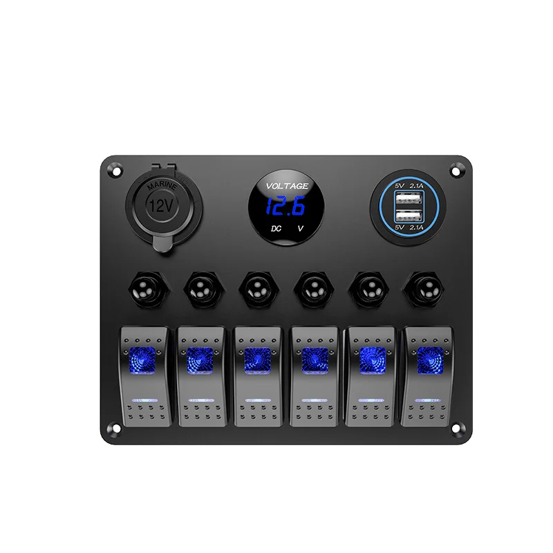 ELING Cars Air Switch Marine Boat Yachts Rocker 6 Gang Switch Panel LED Voltage Display 5V 4.2A USB Charger Cigarette Lighter