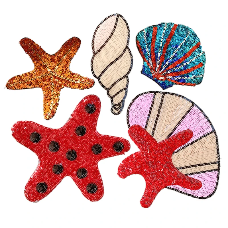 Sequins Starfish Sequins Shell Embroidered Badge Cloth Patch, Clothing Accessories Decoration Iron on Patches for Clothing