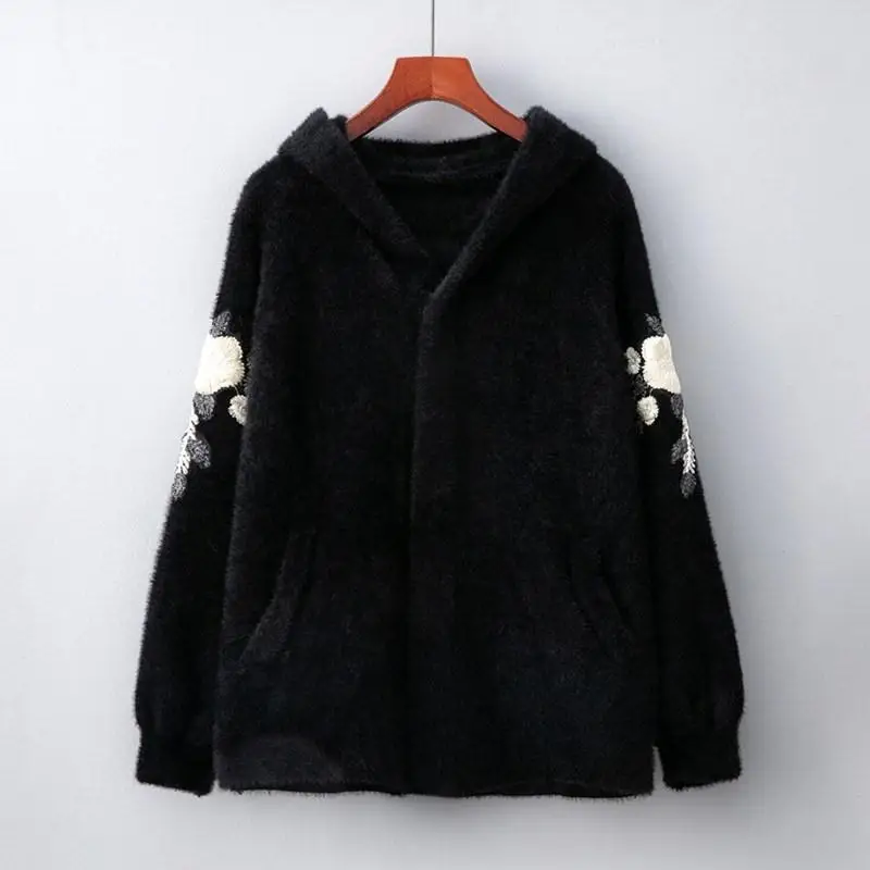 New Women Autumn Winter Thicken Warm Faux Mink Cashmere Hooded Cardigan Female Embroidery Loose Casual Knitted Sweater